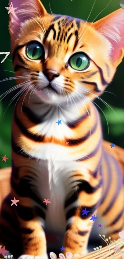 Adorable tiger cat with green eyes in a vibrant, colorful background.