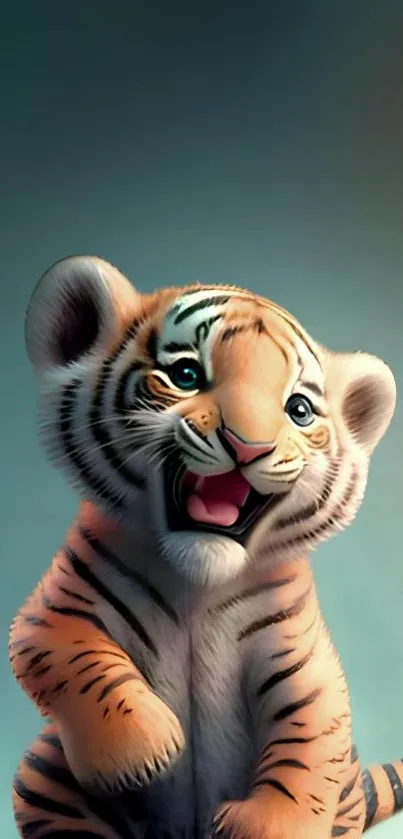 Cute tiger cub on teal background.