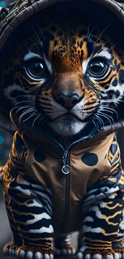 Cute tiger cub wearing a hoodie in digital art style.