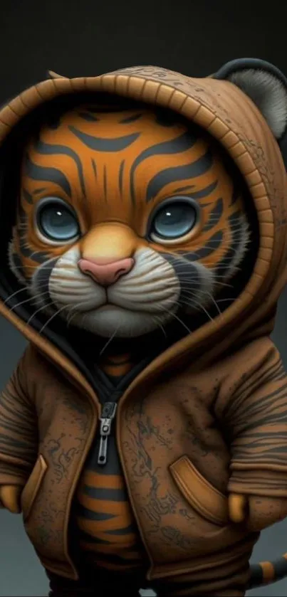 Cute tiger cub in a brown hoodie art design.