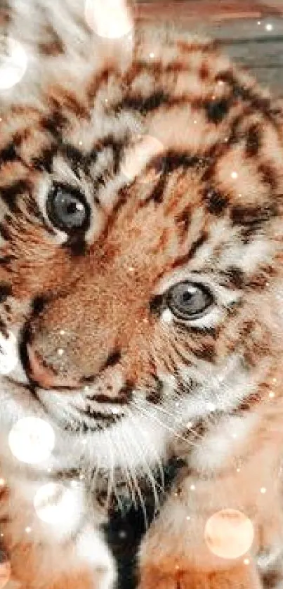 Adorable tiger cub sitting on wooden planks.