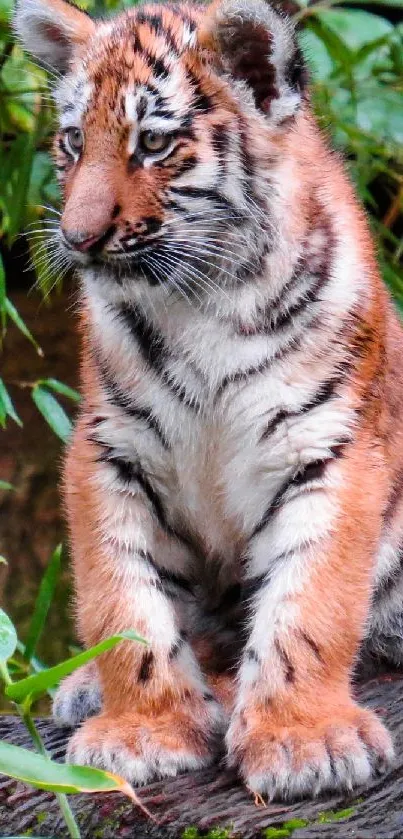 Adorable tiger cub sitting on a log in lush greenery.