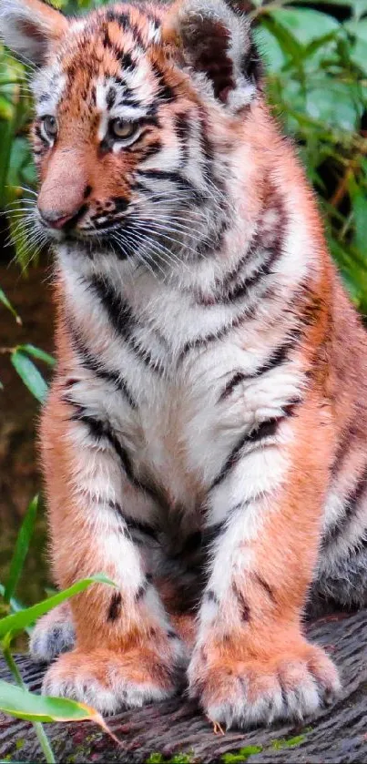 Tiger cub sitting on a log surrounded by green bamboo.