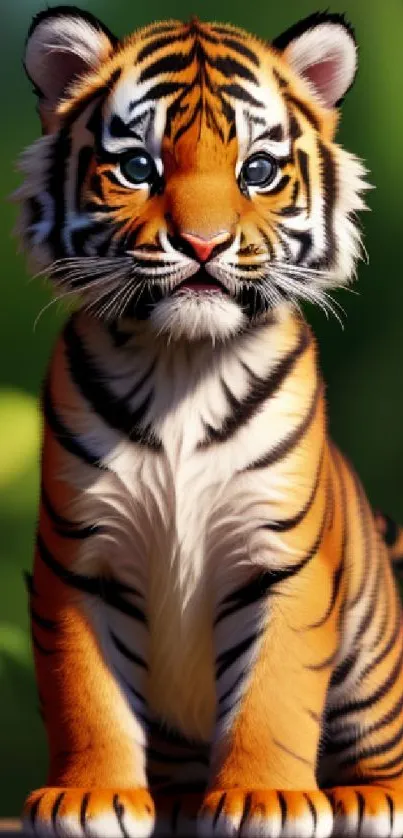 Cute tiger cub sitting in a natural setting with green leaves in the background.