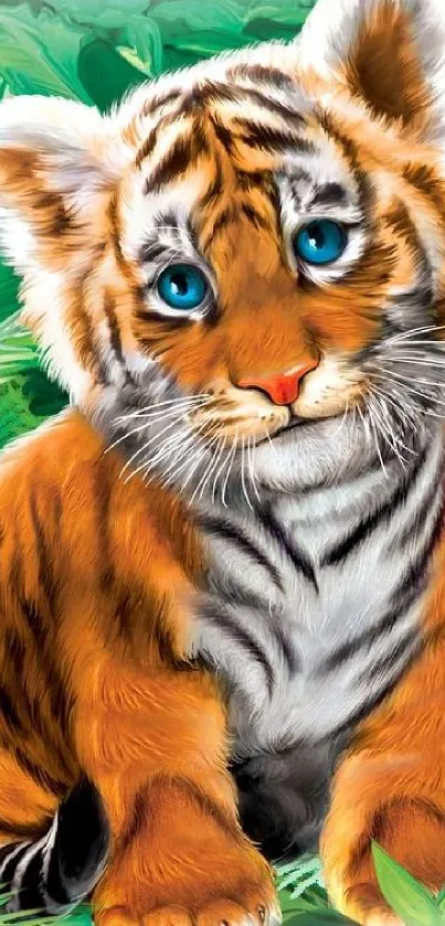 Illustration of a cute tiger cub with blue eyes surrounded by greenery.