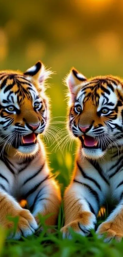 Two playful tiger cubs on green grass.