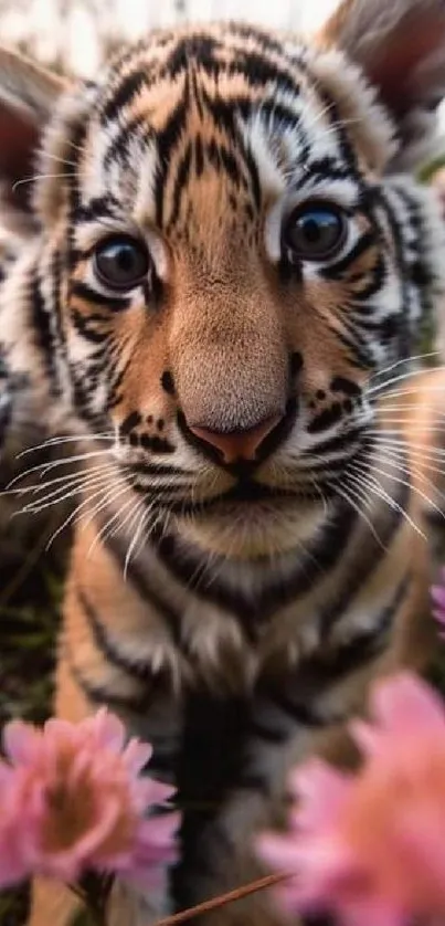 Close-up of cute tiger cubs with flowers.