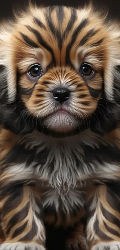 Adorable puppy with tiger stripes on dark background.