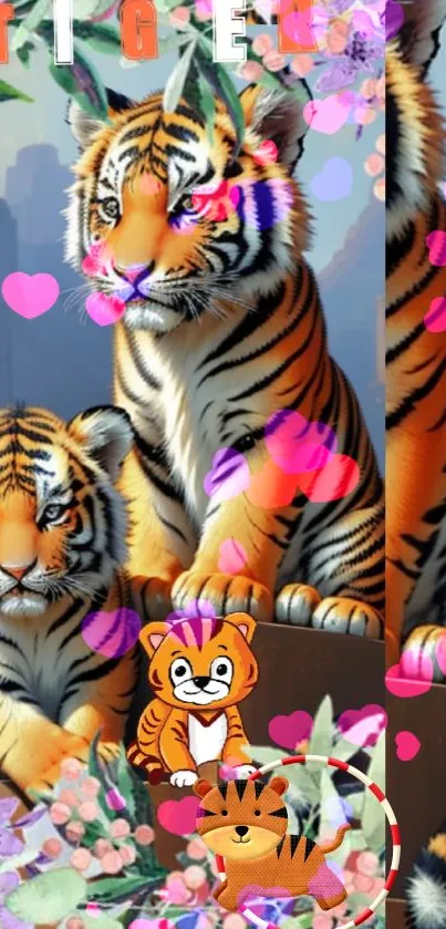 Adorable tiger family with floral accents on mobile wallpaper.