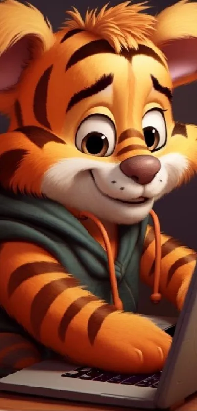 Adorable cartoon tiger with a laptop on a vibrant mobile wallpaper.