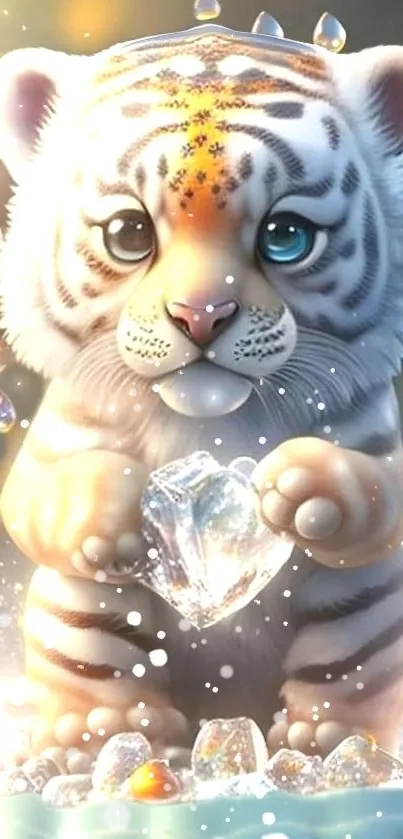 Cute tiger cub holding ice with water droplets in fantasy art design wallpaper.