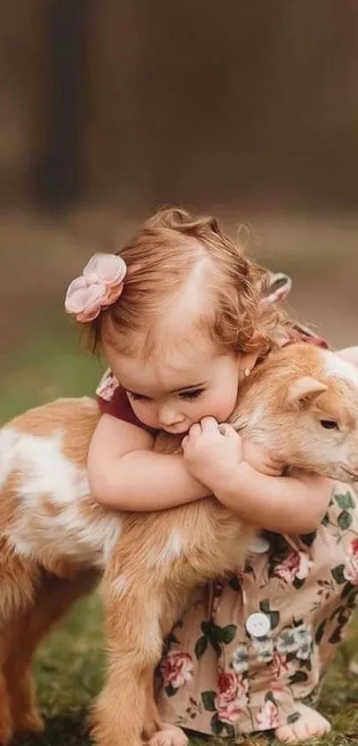 Toddler lovingly hugs baby goat in rural setting.