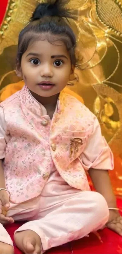 Adorable toddler in festive attire sitting happily.