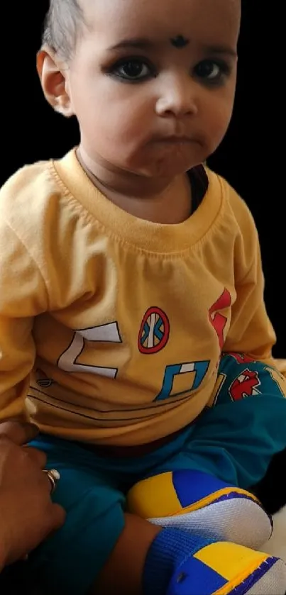 Adorable toddler wearing a vibrant colorful outfit.