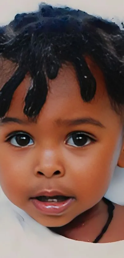 Adorable toddler with expressive eyes and a sweet smile, on a white background.