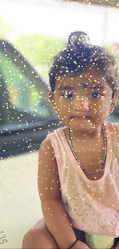 Cute toddler sitting on a car hood, outdoor scene.