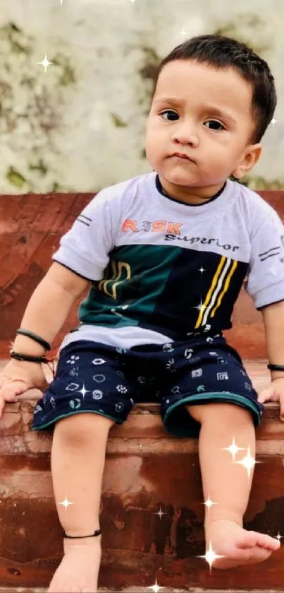 Adorable toddler sitting on rustic red steps, smiling at the camera.