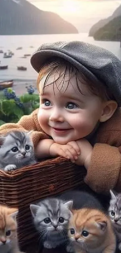 Adorable toddler with kittens in nature setting.