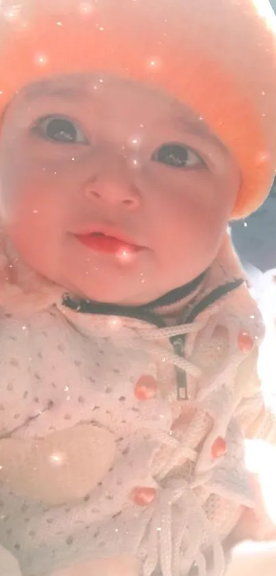 Charming toddler with an orange hat, surrounded by sparkles.