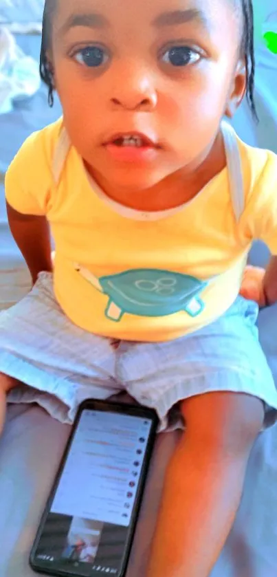 Adorable toddler holding a smartphone, wearing a yellow shirt.