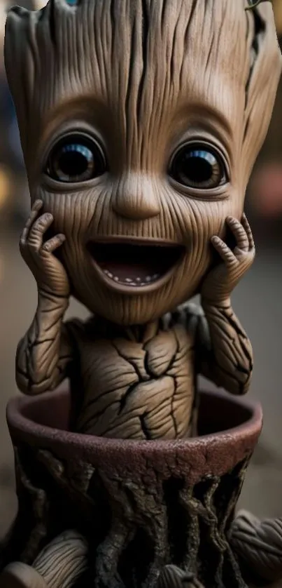 Adorable tree character in a planter, smiling playfully.