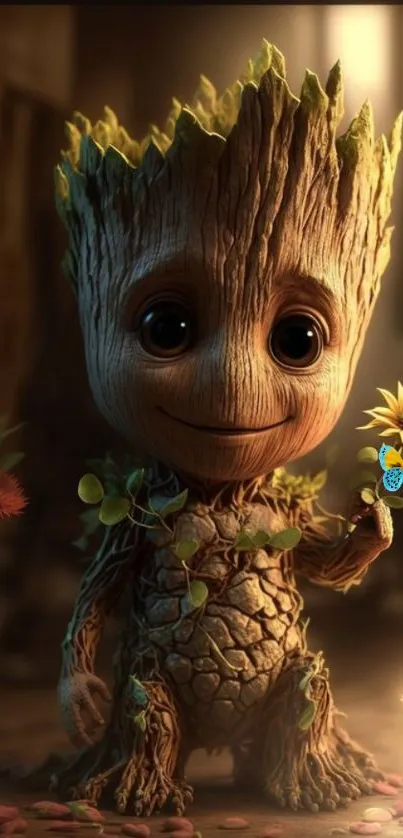 Adorable tree character holding a sunflower in a warm, enchanting setting.