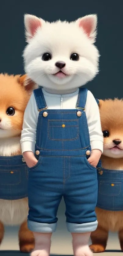 Adorable cartoon puppies wearing denim overalls on a mobile wallpaper.