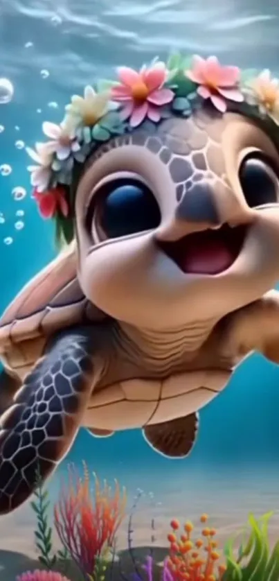 Cute cartoon turtle wearing flower crown underwater.