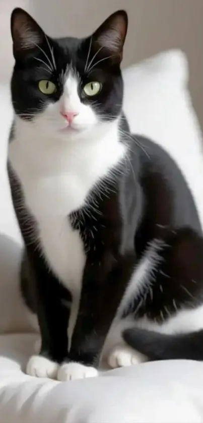 Tuxedo cat sitting on a white cushion.