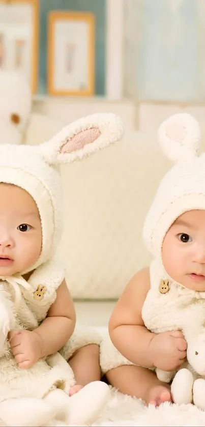 Adorable twins in bunny costumes cuddling plush toys on a soft blanket.