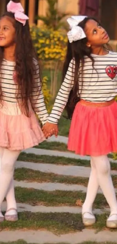 Twins in pink skirts and striped tops outdoors.