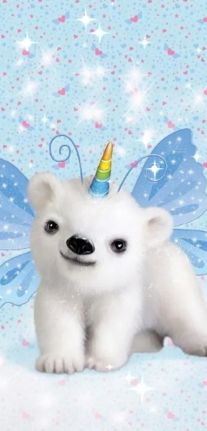 Cute bear with unicorn horn and blue fairy wings on a pastel background.