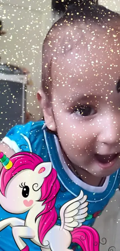 Child with unicorn and sparkles in a magical mobile wallpaper.