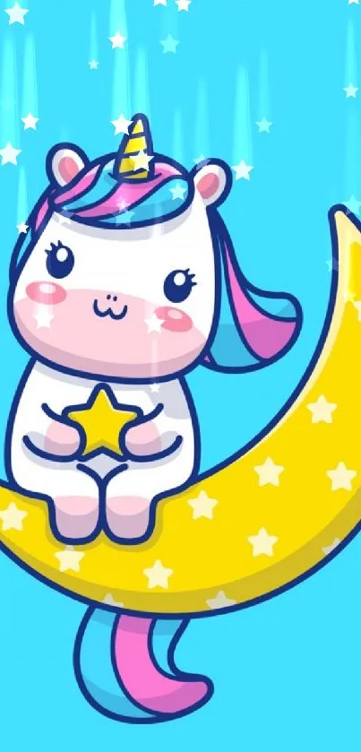 Cute unicorn sitting on a yellow moon with stars on a sky blue background.