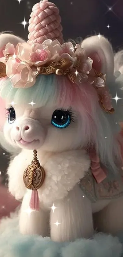 Cute unicorn with pastel colors and a candle setting.