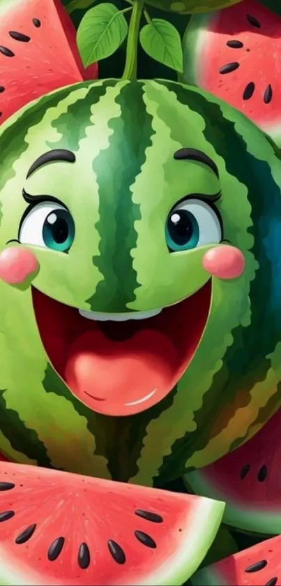 Animated smiling watermelon with slices on wallpaper.
