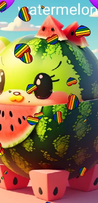 Cute watermelon-themed cartoon character mobile wallpaper.