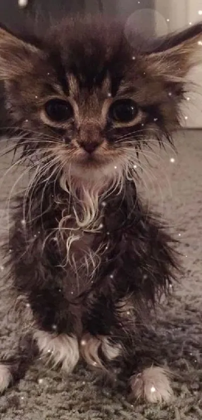 Adorable wet kitten on a grey carpet, looking fluffy and cute.