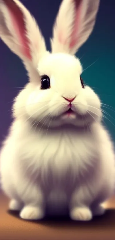 Adorable white bunny with fluffy fur on a purple gradient background.