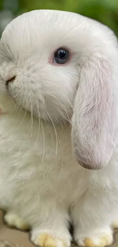 Adorable white bunny with floppy ears in nature.