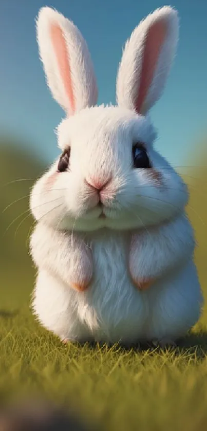 Adorable white bunny sitting on green grass with a blurry background.