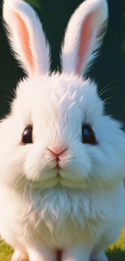 Adorable white bunny sitting on green grass with a nature backdrop.