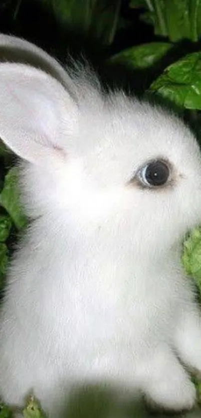 Cute white bunny surrounded by green leaves on a mobile wallpaper.