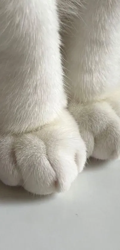 Adorable white cat paws on a soft surface.