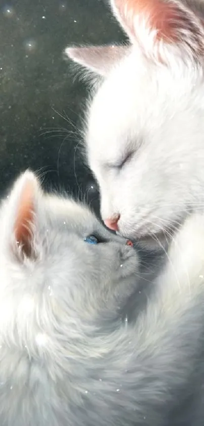 Two white cats cuddling in a serene moment.