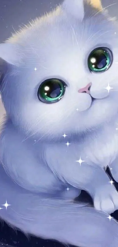 Cute fluffy white cat with blue eyes on a starry background.