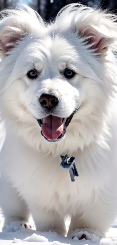 Cute white dog playing in the snow, perfect winter mobile wallpaper.