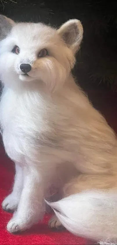 White fluffy fox sitting on red background.