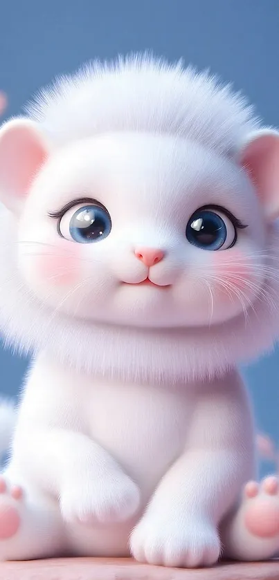 Fluffy white kitten with big eyes on a dreamy background.