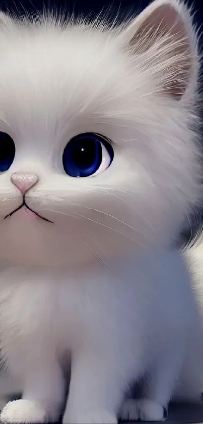 Adorable white kitten with blue eyes in cartoon style on wallpaper.